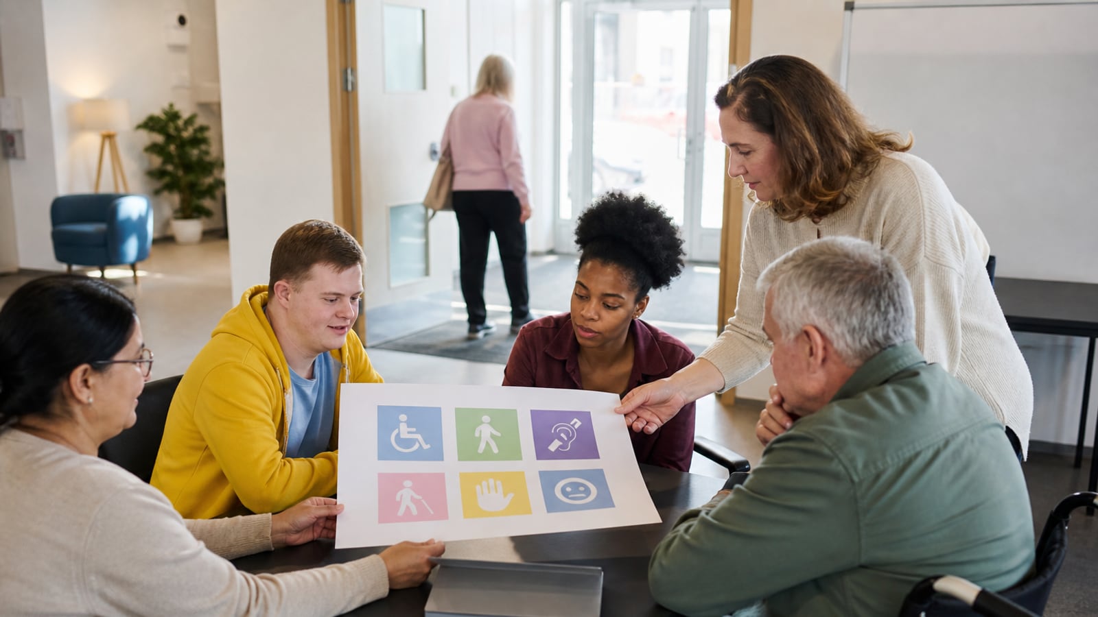 Een diverse groep bespreekt samen een toegankelijke evenementuitnodiging in een lichte ruimte