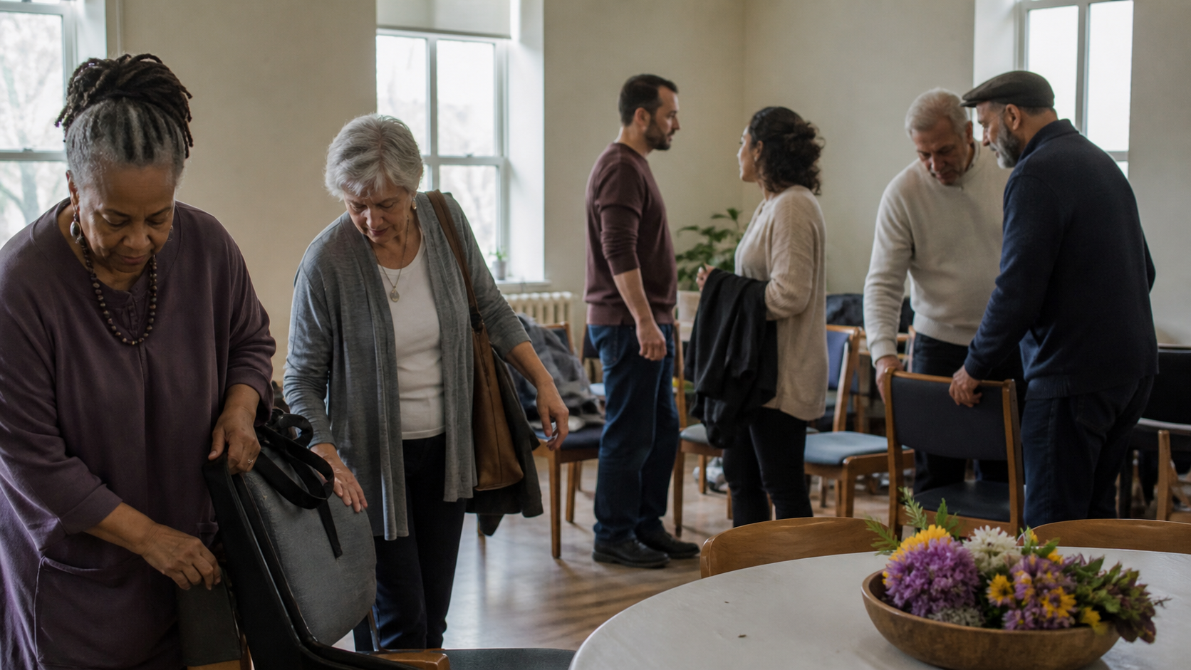 Een warme, diverse groep mensen in een lichte gemeenschapsruimte tijdens een rustig gezamenlijk moment