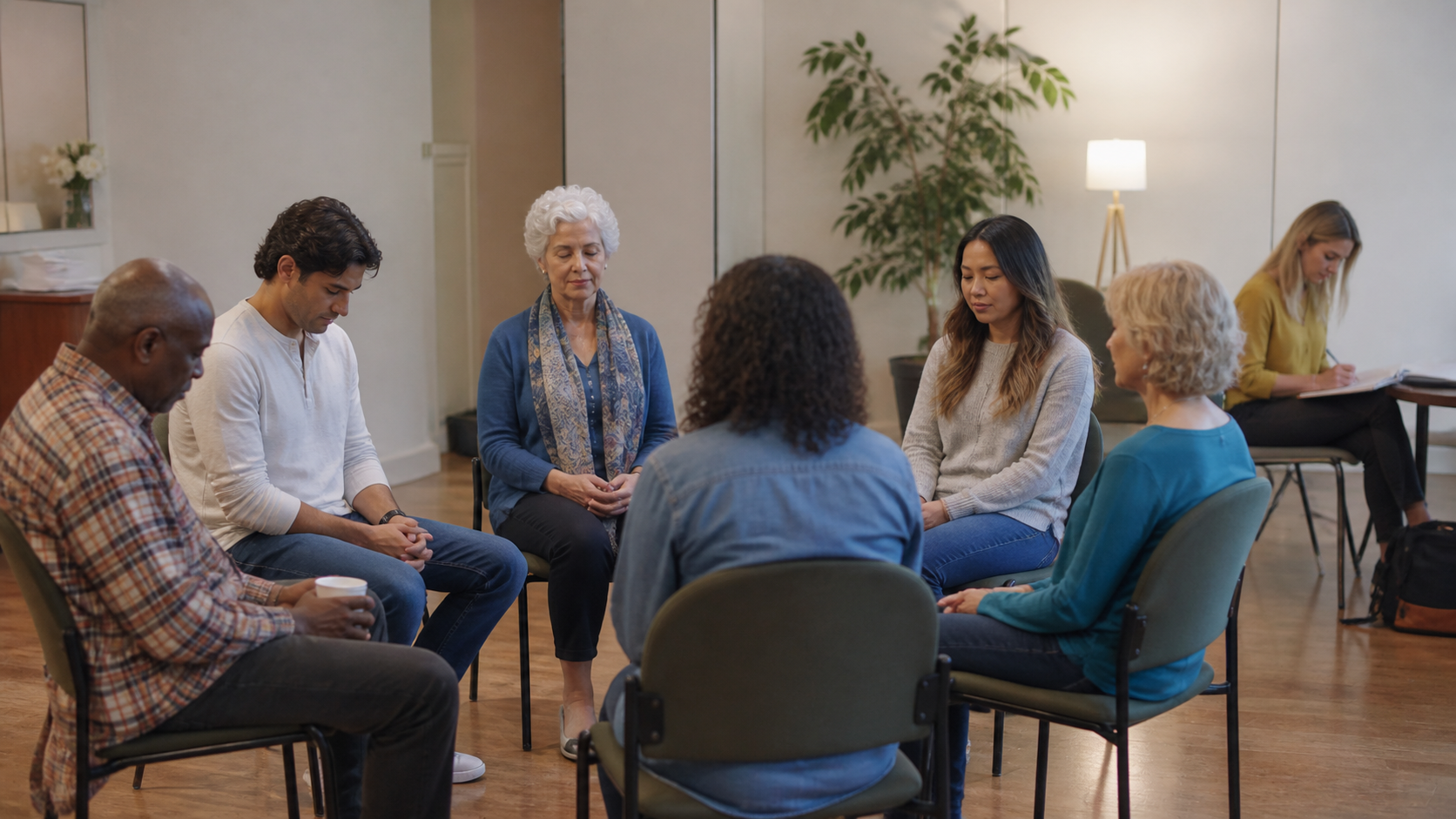 Een warme, diverse groep mensen in een lichte gemeenschapsruimte tijdens een rustig gezamenlijk moment